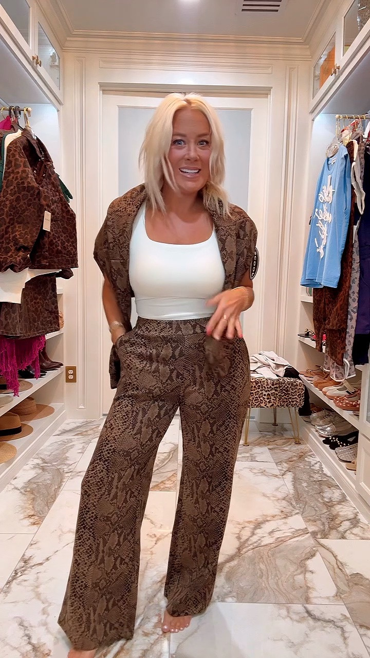 The snake print available in sweatshirt and wide leg pants / medium in top, small in pants