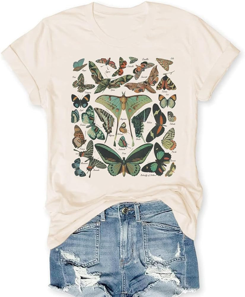 Vintage Butterfly and Moth T-Shirt for Women Casual Aesthetic Nature Short Sleeve Shirt Funny Ani... | Amazon (US)