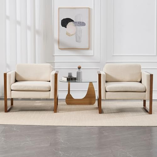 DM Furniture Beige Accent Chair Set of 2 French Country Linen Seat Club Armchair with Brushed Legs Farmhouse Upholstered Single Lounge Reading Chair for Bedroom/Living Room | Amazon (US)