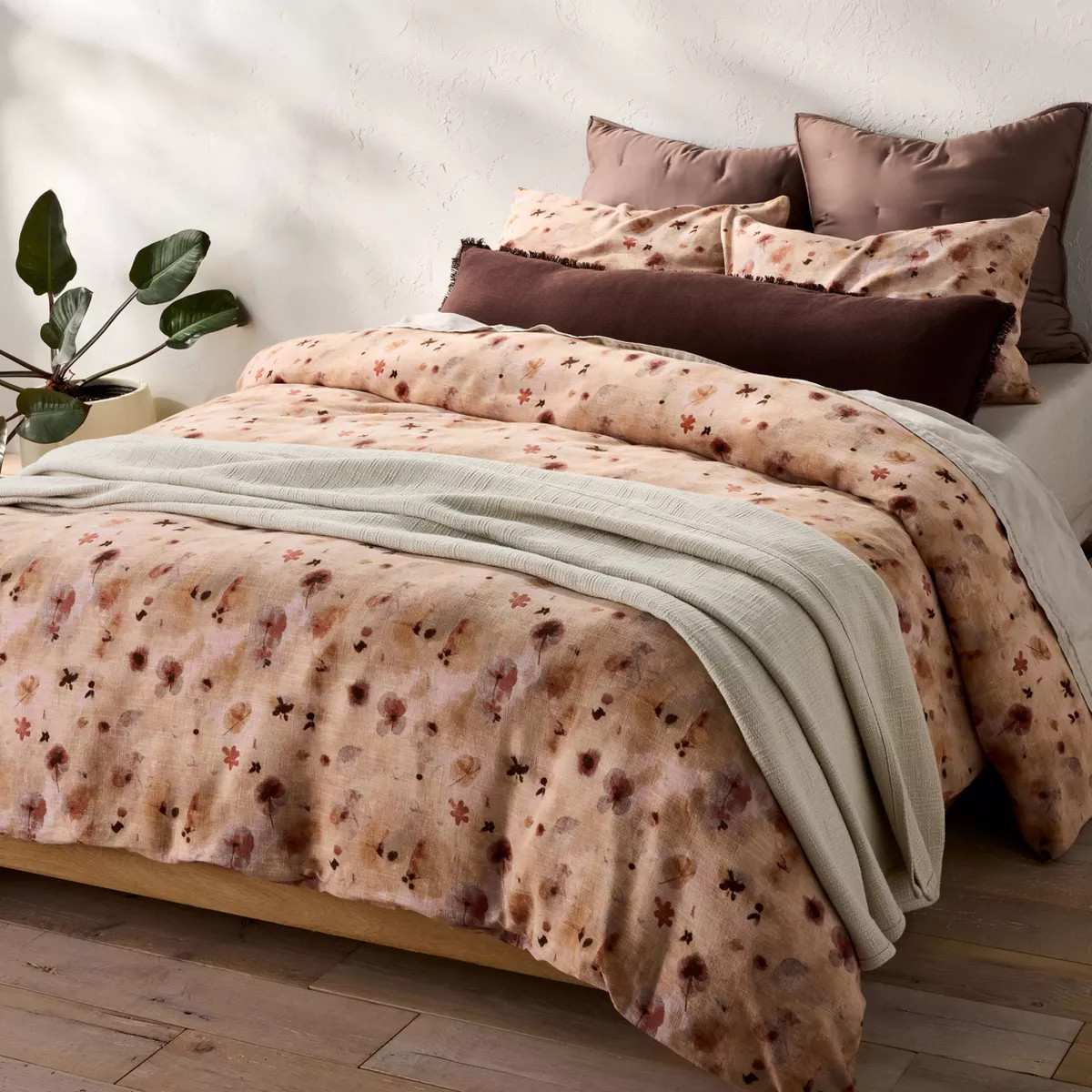 Full/Queen Heavyweight Linen Blend Duvet Cover and Sham Set Pressed Floral Print - Casaluna™ | Target