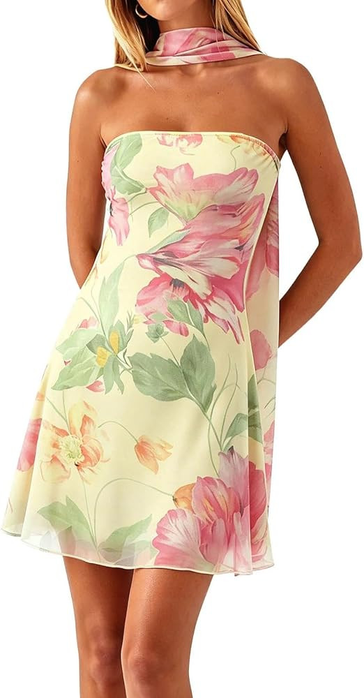 Women Strapless Floral Dress with Sarf Mesh Tube Mini Dress Summer Beach Wedding Guest | Amazon (US)
