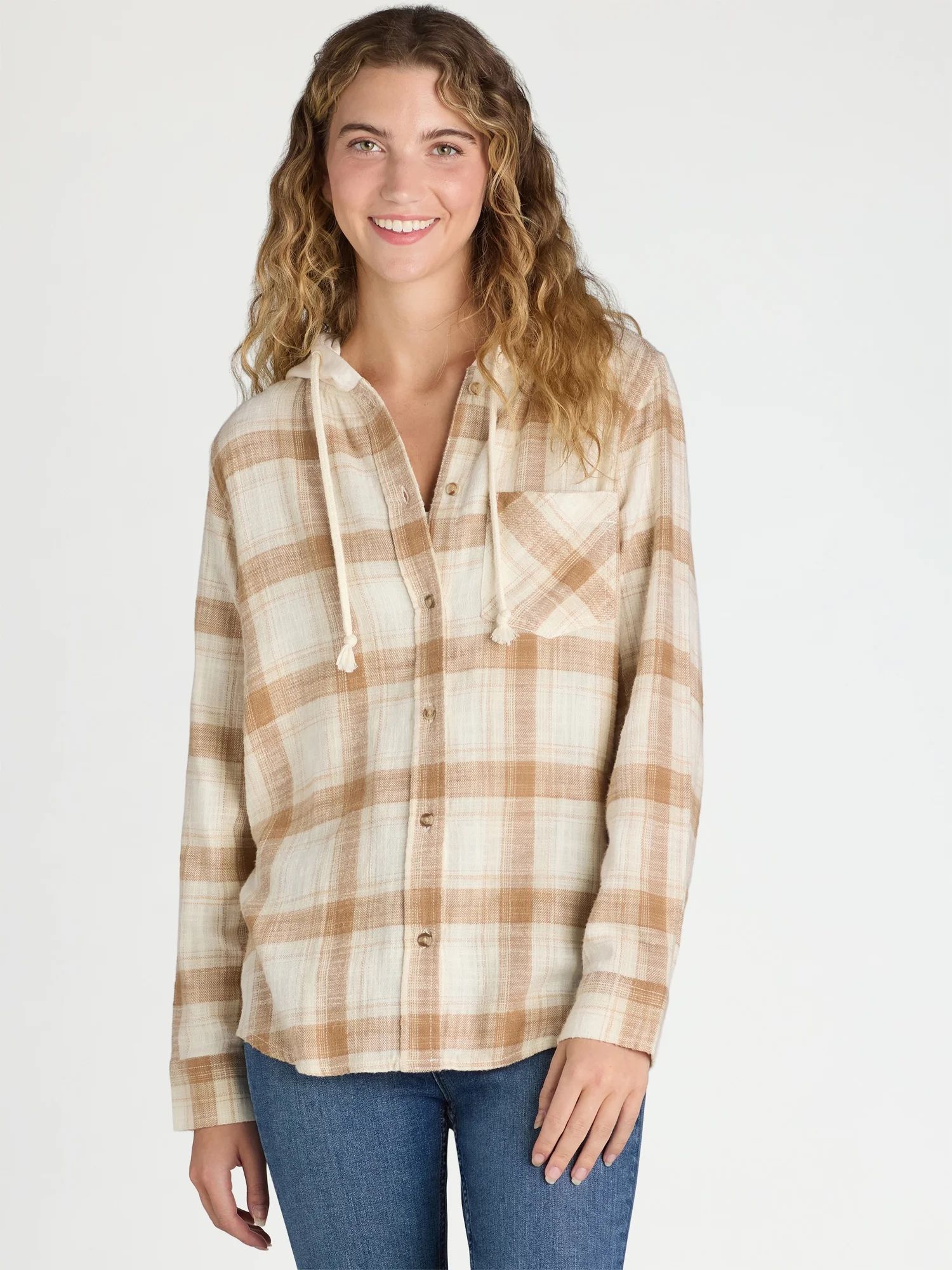 Time and Tru Women's Hooded Flannel Button Down Shirt with Long Sleeves, Sizes XS-XXXL | Walmart (US)