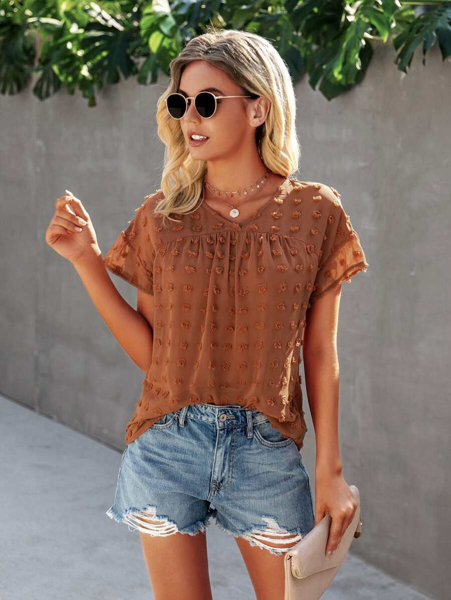 V-neck Swiss Dot Flounce Sleeve Chiffon Blouse | SHEIN