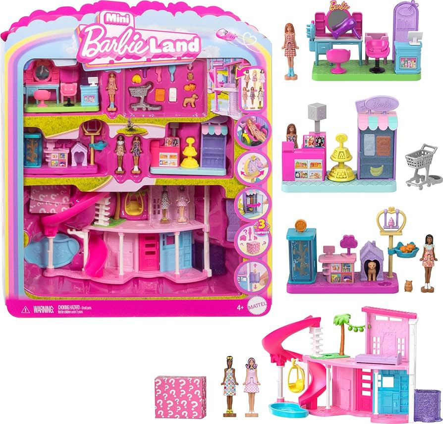 Barbie Mini Land DreamHouse & 3 Playsets with 4 1.5-Inch Dolls, Doll House Furniture & Accessorie... | Amazon (US)
