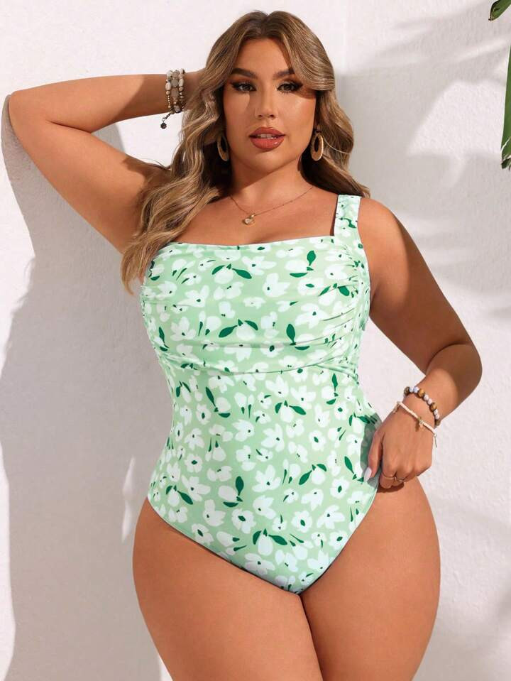 SHEIN Swim Curve Plus Floral Print Ruched Summer Beach One Piece Swimsuit | SHEIN