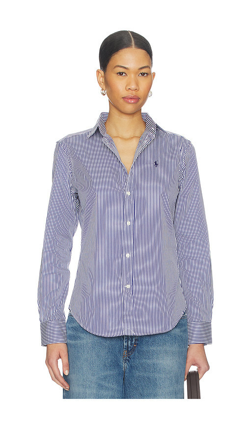 Polo Ralph Lauren Long Sleeve Button Front Shirt in White & Fall Royal. Size 6 | Revolve Clothing (Global)