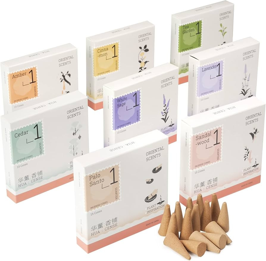 HuaCense 8 Premium Assorted Incense Cones, 15 for Each Scents, Total 120 Insense Cones, Gift Set ... | Amazon (US)