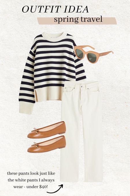 Outfit idea - spring travel 🤎these white jeans are so similar to my expensive white pair I wear all the time & are under $40! They are so soft and comfy. 

Spring outfit; mom style; spring style; white denim; striped sweater; tan ballet flats

#LTKSeasonal #LTKstyletip #LTKunder50