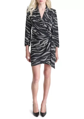 DKNY Women's Long Sleeve Collar Animal Print Side Wrap A-Line Dress, 8 | Belk
