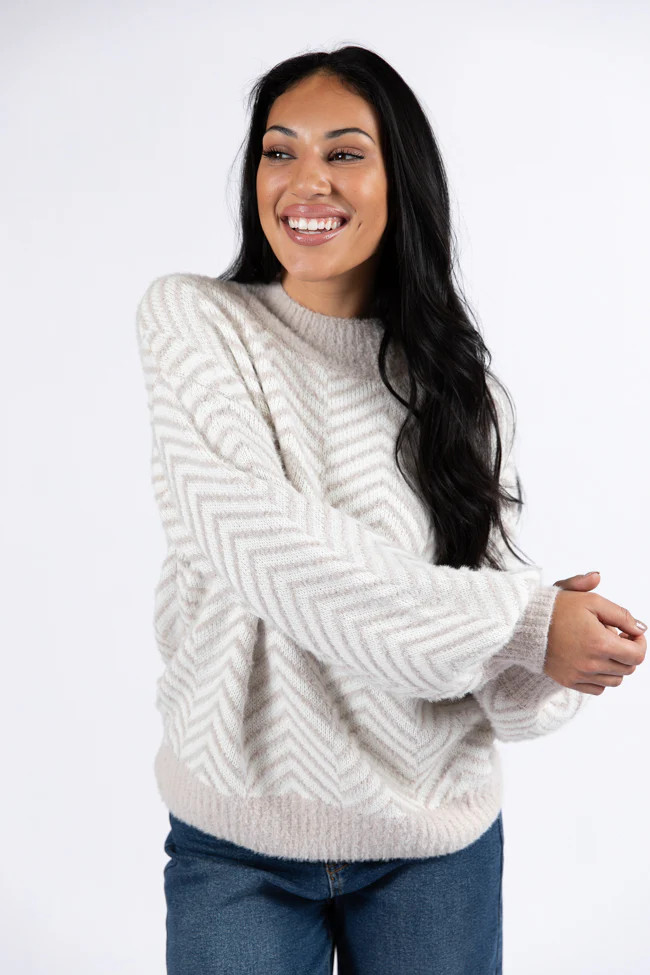 All That You Are Beige Fuzzy Herringbone Mock Neck Sweater SALE | Pink Lily