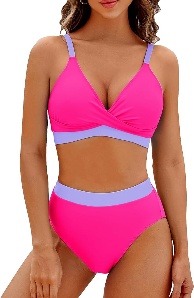 BMJL Women's High Waisted Bikini Sets V Neck Two Piece Swimsuit Color Block Twist Front Bathing S... | Amazon (US)