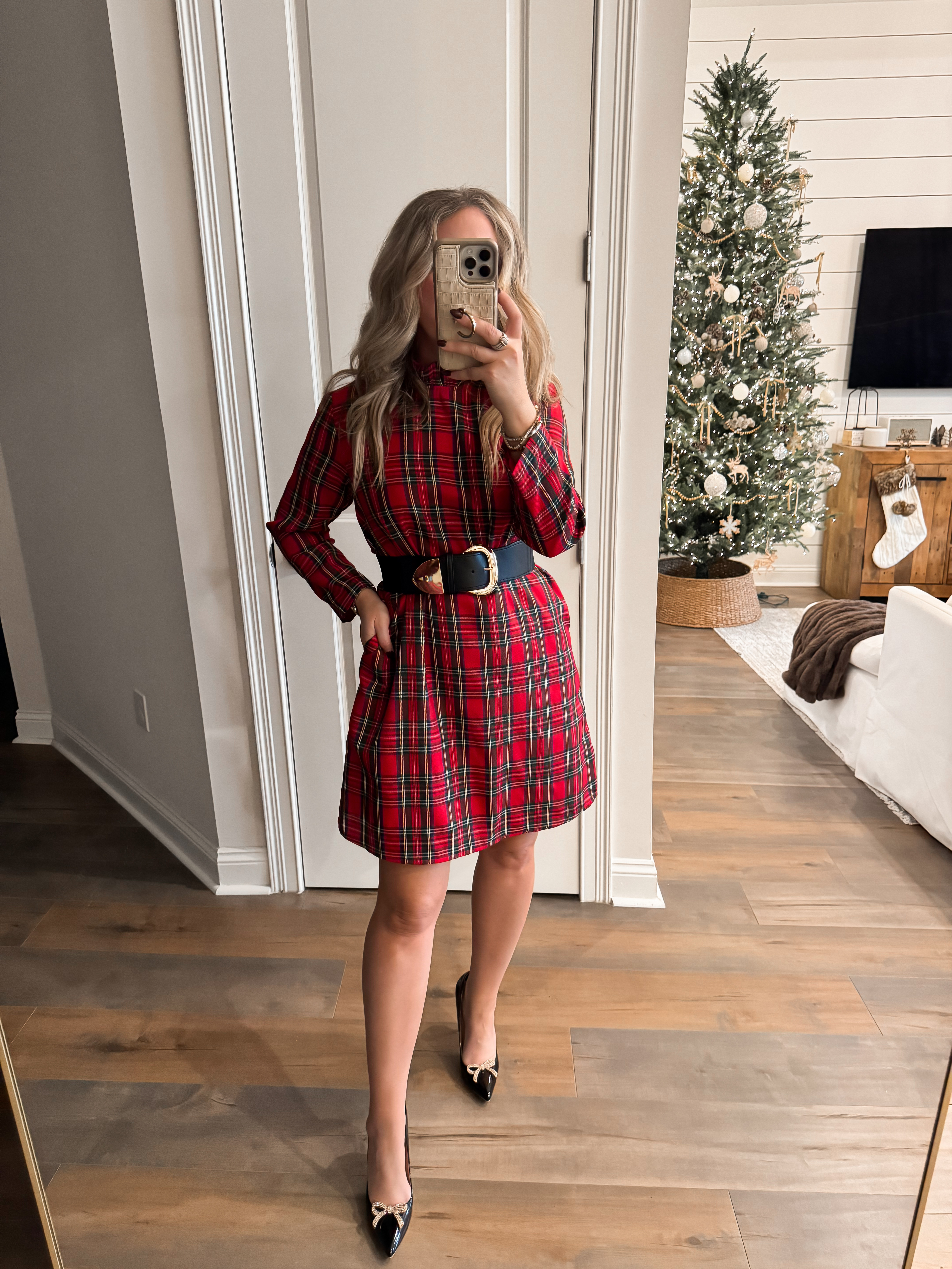 Amazon holiday outfit inspo ✨ Christmas, holiday party, event look, winter fashion, affordable women's fashion finds, festive plaid/tartan dress, black belt, bow heels, elevated styled look, Amazon fashion. Wearing size S!

 

 #LTKHoliday #LTKootd #LTKFindsUnder50