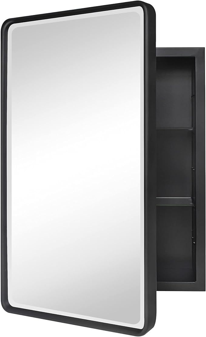 TEHOME Farmhouse Black Metal Framed Recessed Bathroom Medicine Cabinet with Mirror Rounded Rectan... | Amazon (US)