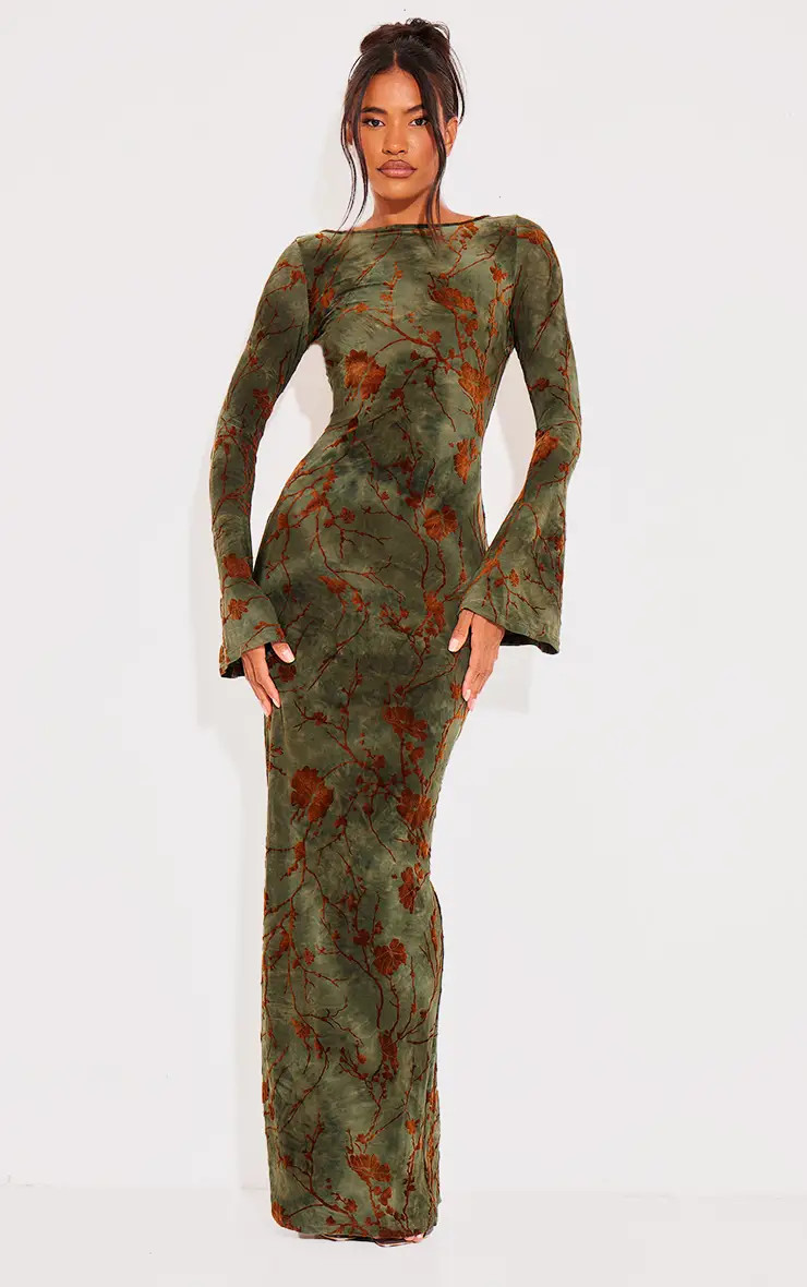 Green Floral Devore Long Sleeve Maxi Dress | PrettyLittleThing US