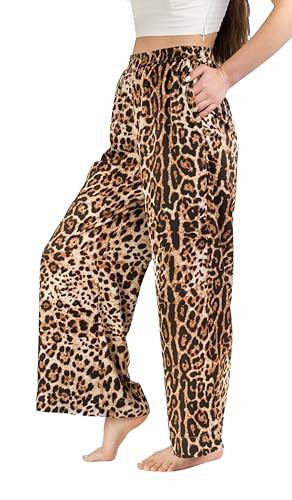 Vellorias Leopard Print Wide Leg Women's Pants Stretchy Elastic Waistband Loose Trousers with Pockets | Amazon (US)