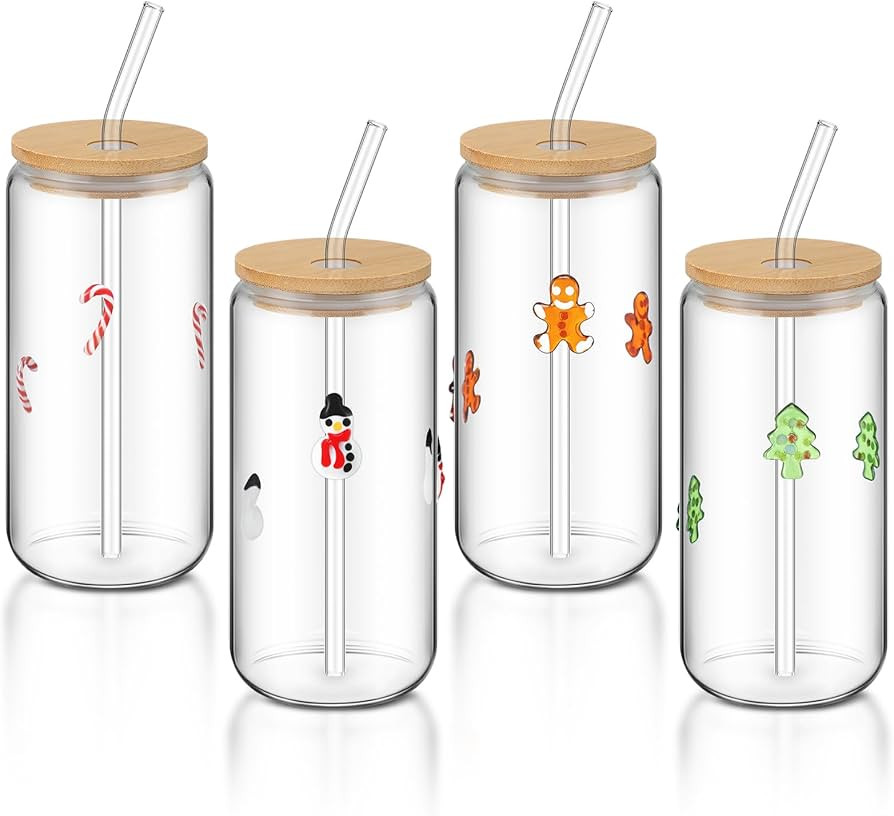 Honeydak 20 oz Juice Glass Cups with Lids and Straws Bulk Set of 4 Iced Coffee Glass Cup 4 Christ... | Amazon (US)