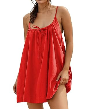 YUENIU Womens Sundresses Mini Linen Beach Cover Up Tank Summer Casual Spaghetti Strap Sleeveless ... | Amazon (US)