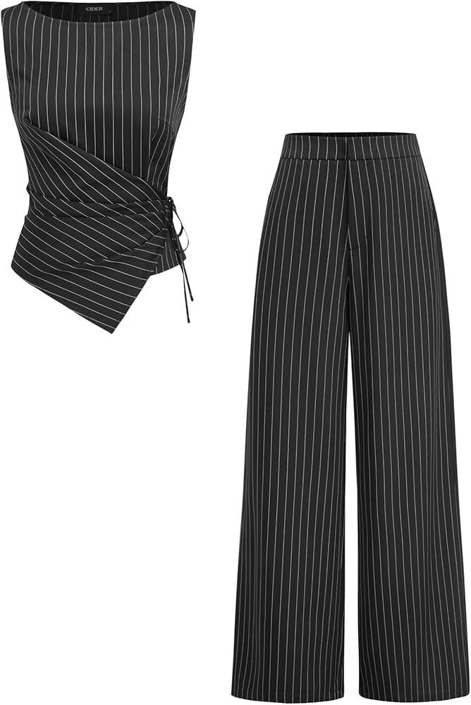 CIDER Lounge Sets For Women Striped Wrap Knotted Top Straight Leg Trousers Set Boat Neck Mid Wais... | Amazon (US)