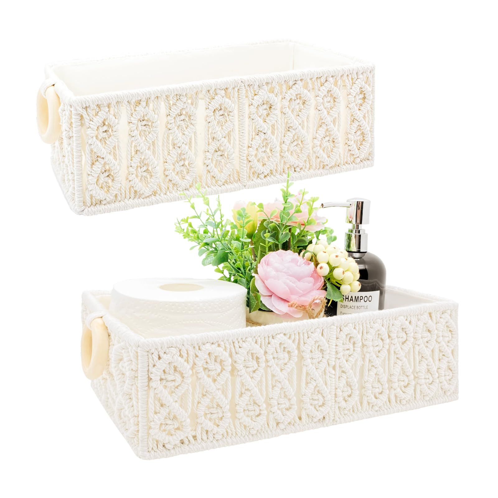 Macrame Storage Basket Set of 2 - Handwoven Cotton Rope Organizer for Over-The-Toilet, Bathroom &... | Amazon (US)