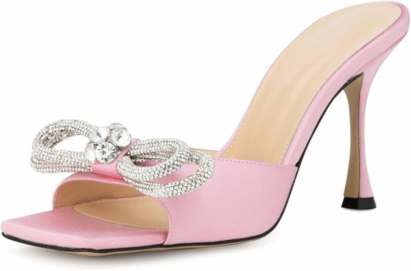 Women's Heeled Sandals Double Rhinestones Bow Satin Mules Square Open Toe Slip on Stilettos Clear... | Amazon (US)
