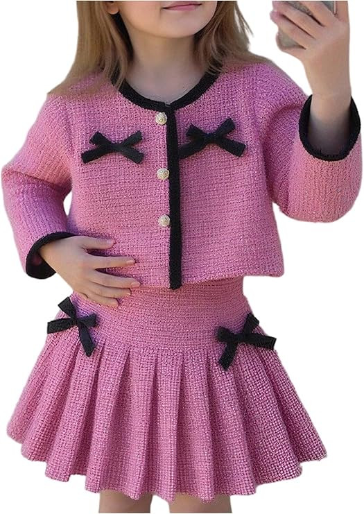 SHENHE Girl's 2 Piece Outfits Tweed Bow Long Sleeve Top and Pleated A Line Mini Skirt Set | Amazon (US)