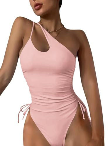 Eomenie Women's One Piece One Shoulder Swimsuit with Drawstring Tummy Control Bathing Suit Sexy High Cut Swim Suits Light Pink | Amazon (US)
