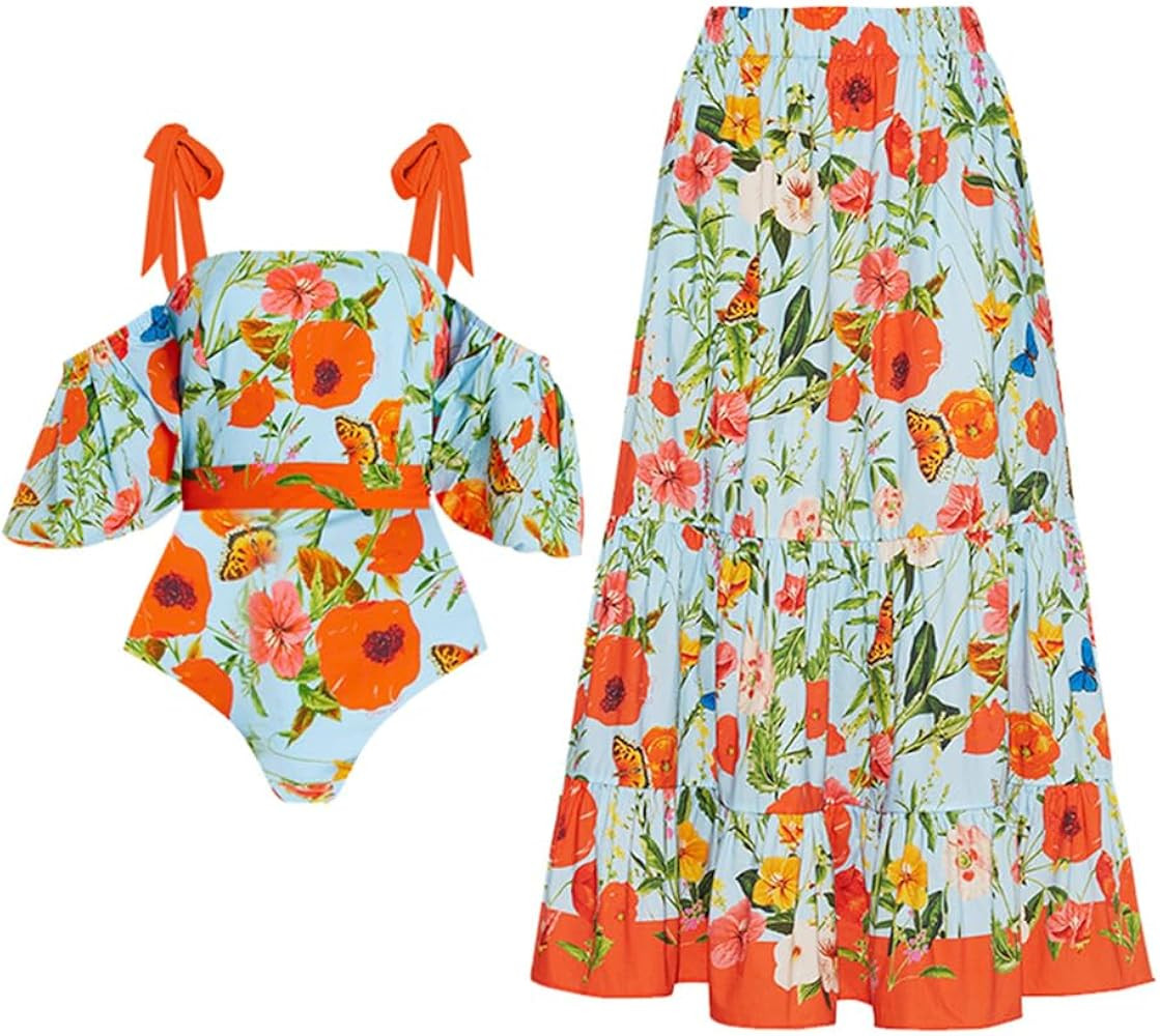 Women's One Piece Swimsuit with Cover Up Skirt Bikini Sarong Set Floral Print Bathing Suit with W... | Amazon (US)