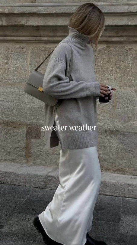 A sweater and skirt outfit is my go to in the cold weather when I want to look chic and put together but still stay comfy. Opt for a wool skirt or a slip skirt, then layer on a chunky sweater for added texture and warmth. Style it with boots or flats. And then finish the look with your favorite handbag. It’s overall, an effortlessly elegant outfit for the season! 

 #LTKSeasonal #LTKStyleTip #LTKWorkwear