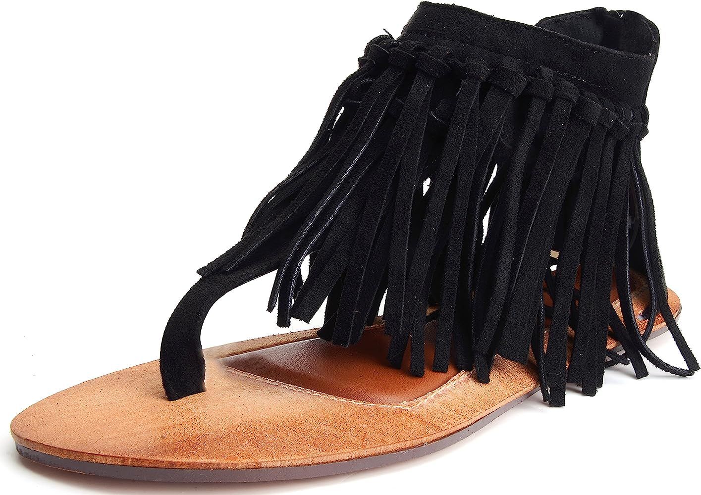 Odema Womens Flat Sandals Thong Sandals Faux Suede Tassel Zip T-Strap Sandals | Amazon (US)
