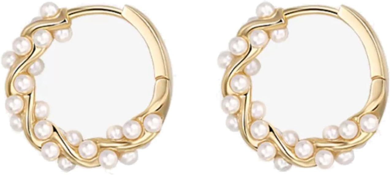 Pearl Chunky Gold Hoop Earrings For Women Trendy Sterling Silver Twisted Hoop Earring | Amazon (US)