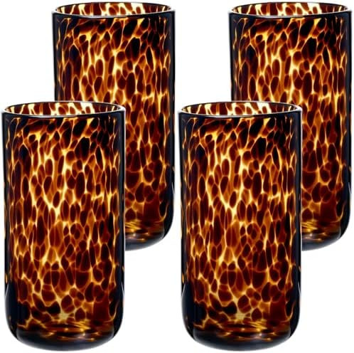Honeydak Set of 4 Tortoise Leopard Print Brown 16 oz Rocks Glasses Stylish Stemless Cocktail Cups... | Amazon (US)