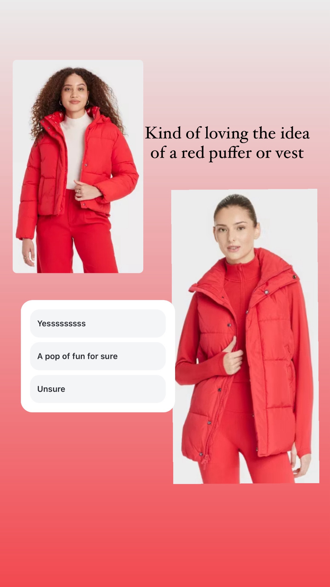 Kind of loving the idea of a red puffer vest or jacket 

#LTKStyleTip #LTKSeasonal #LTKFindsUnder50