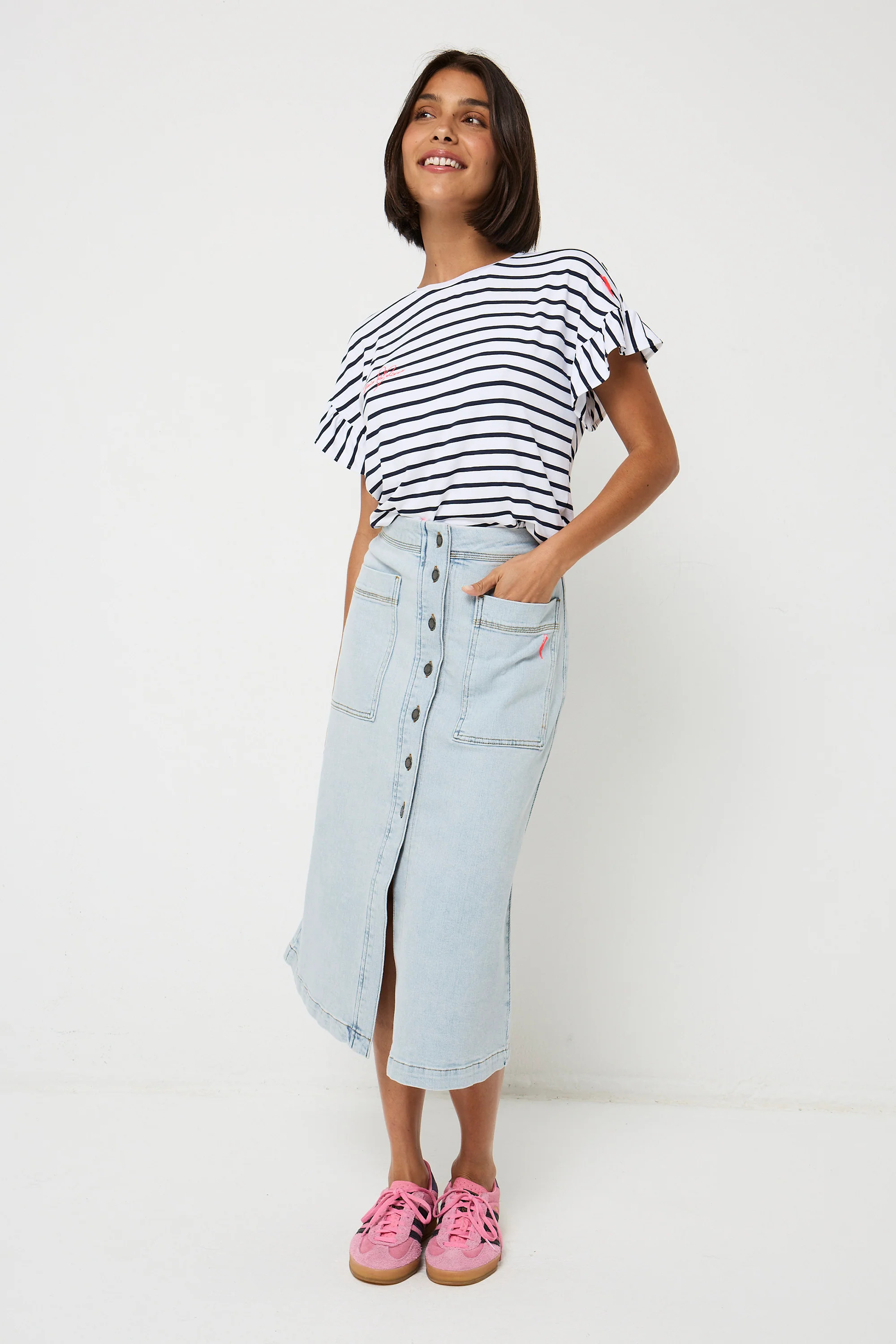 Pale Indigo Button Front A-Line Denim Midi Skirt | Scamp & Dude