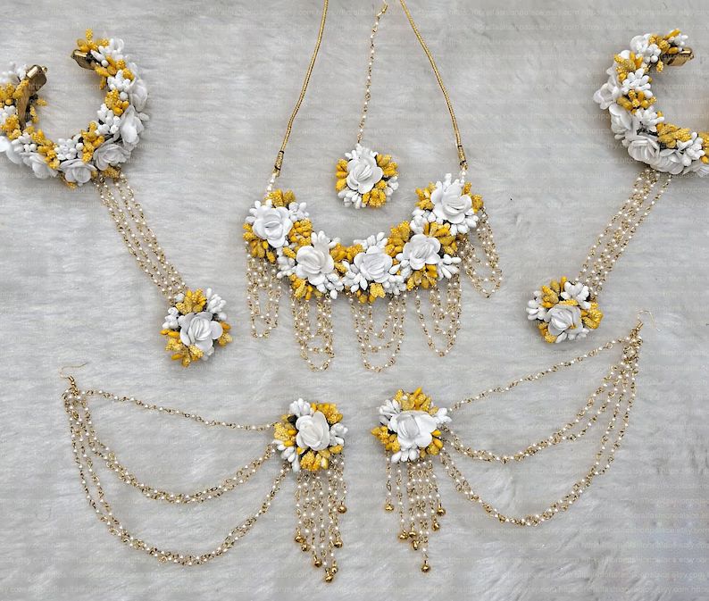 Delicate Yellow And White Color Combination Artificial Floral Jewelry Set For Haldi, Mehendi, Bab... | Etsy (US)