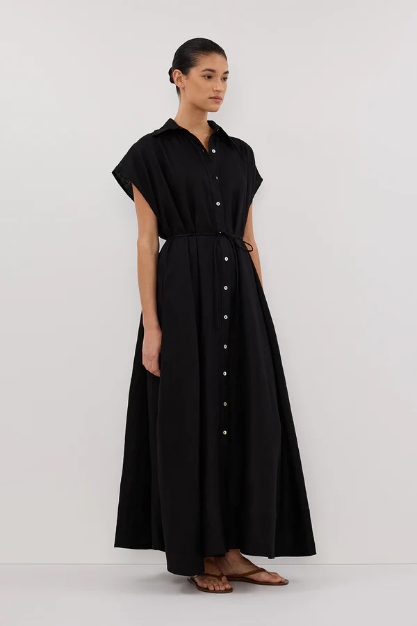 LANA BLACK LINEN MIDI SHIRT DRESS | DISSH