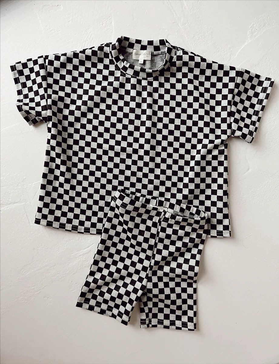 Black & Grey Checkerboard | Short Sleeve Biker Shorts Set | Forever French