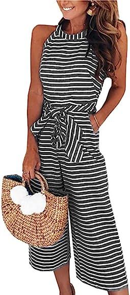 2020 Women's Striped Sleeveless Waist Belted Zipper Back Wide Leg Loose Jumpsuit Romper with Pock... | Amazon (US)