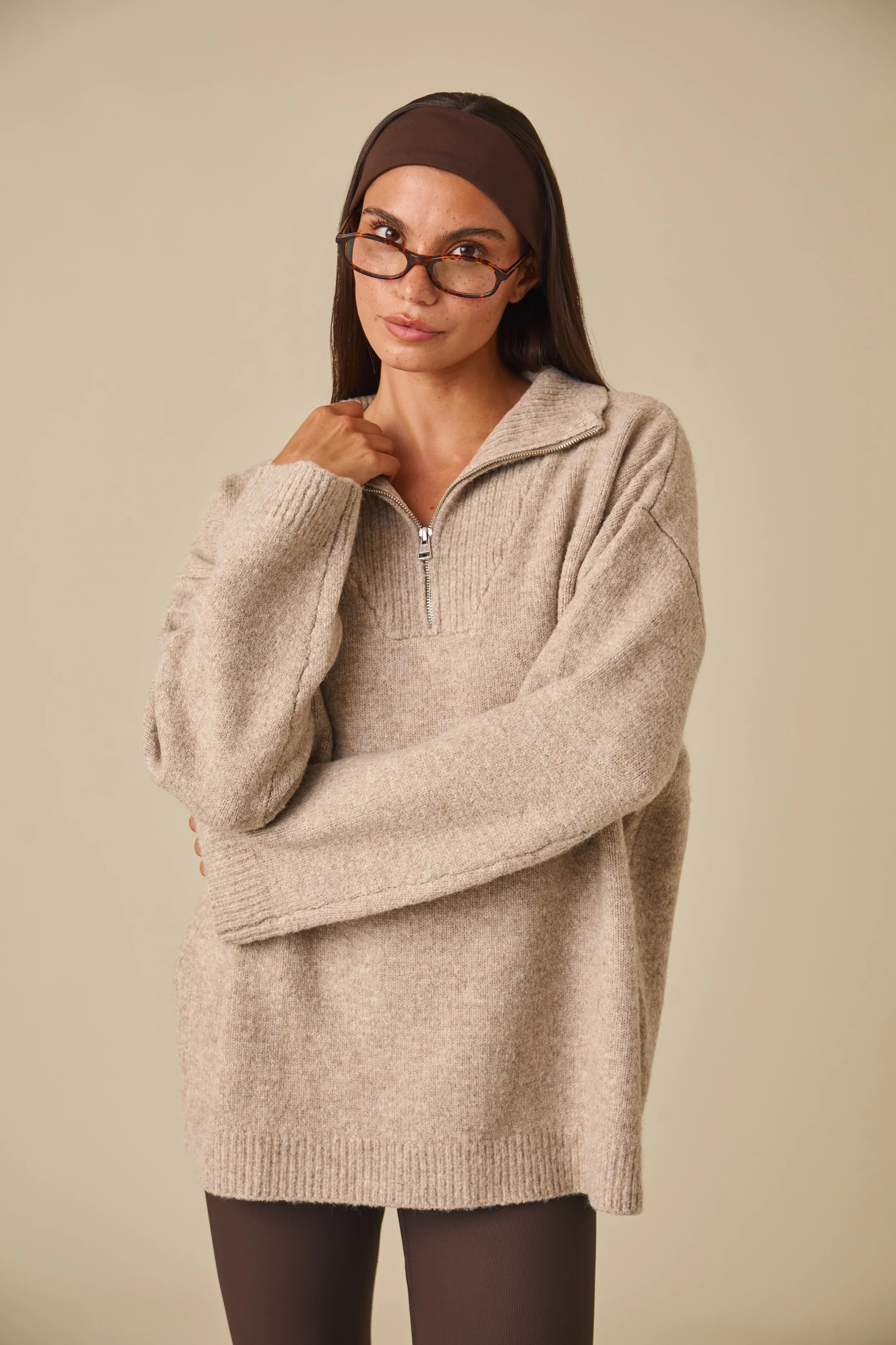 Oversized Quarter Zip Knitted Jumper - Oatmeal | Reasn