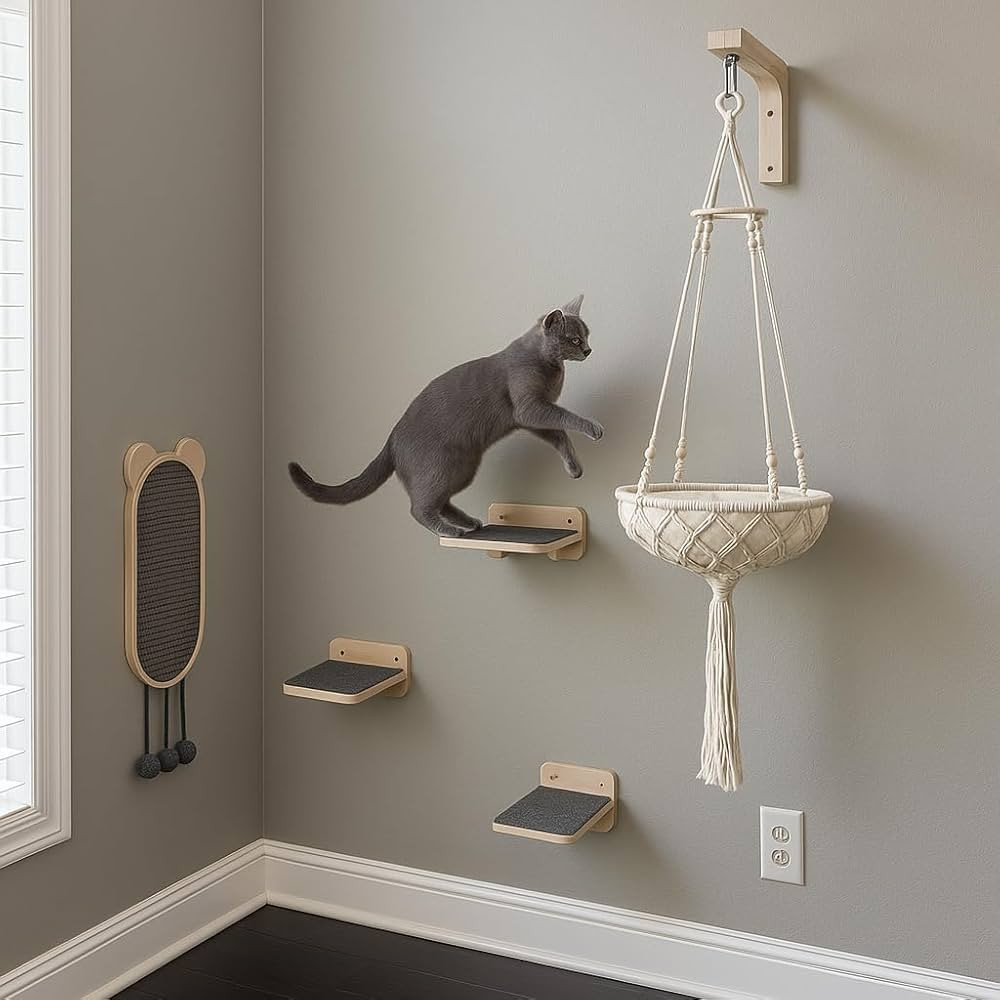 Modern Cat Wall Furniture Set – 5-Piece Hanging Shelves with Macramé Bed, Scratcher & Climbing... | Amazon (US)