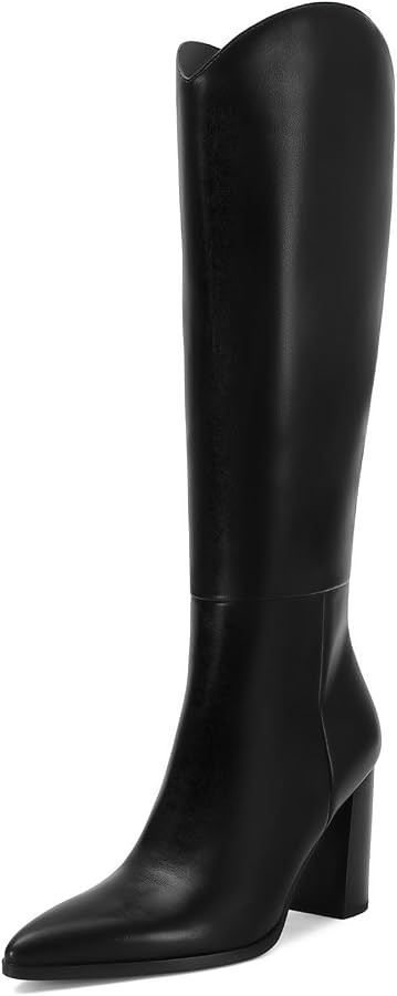 Knee High Boots for Women, Comfortable Chunky High Heel Pointed Toe Wide Calf Leather Tall Boots ... | Amazon (US)