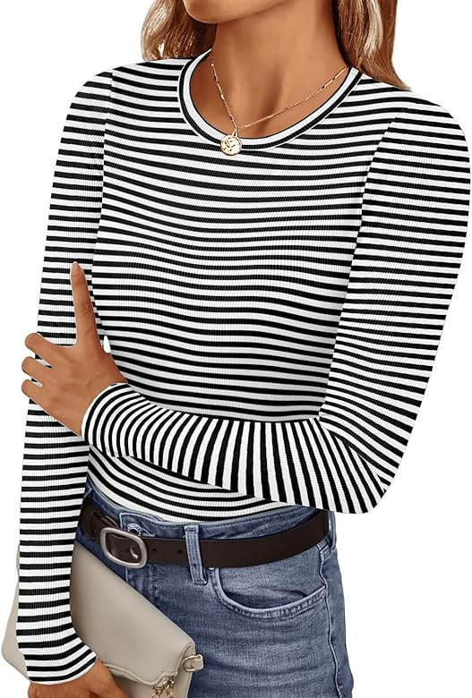 Ekouaer Womens Long Sleeve Shirts Crew Neck Stretchy Fitted Ribbed Tops Basic Base Layer Soft The... | Amazon (US)