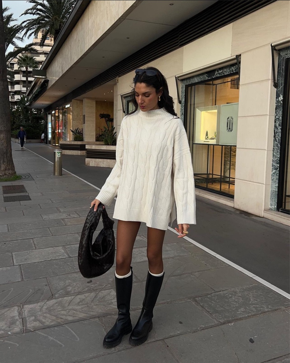 Bottes hautes noires CosmoParis, bottes hauteur genoux noires, robe en maille blanche, sac Jodie Bottega Veneta noir

#LTKitbag #LTKstyletip #LTKshoecrush