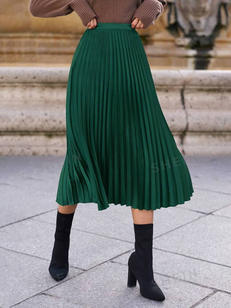 SHEIN Frenchy Women's Solid Color Midi A-Line Pleated Skirt, Elegant Office Wear | SHEIN