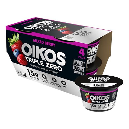 Oikos Triple Zero Mixed Berry Nonfat Greek Yogurt Pack, 0% Fat, 0g Added Sugar and 0 Artificial Sweeteners, Just Delicious High Protein Yogurt, 4 Ct, 5.3 OZ Cups | Amazon (US)
