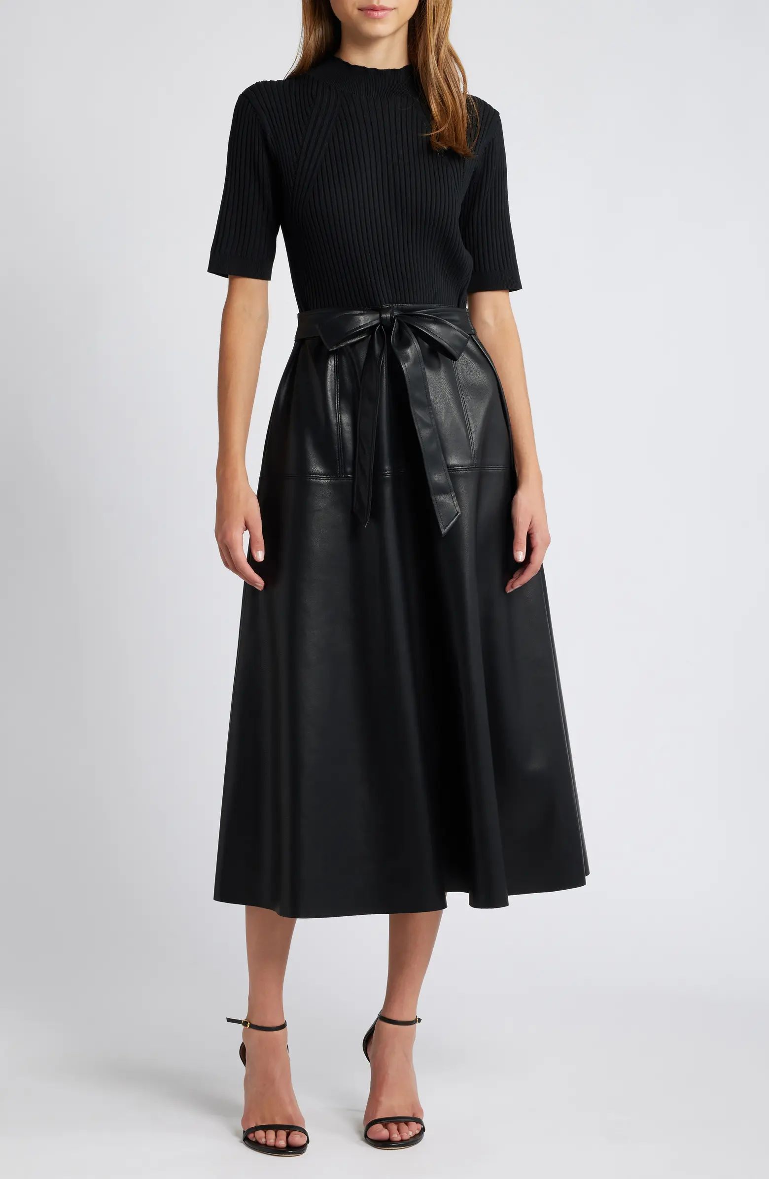 ZOE AND CLAIRE Tie Belt Mixed Media Faux Leather Sweater Dress | Nordstrom | Nordstrom