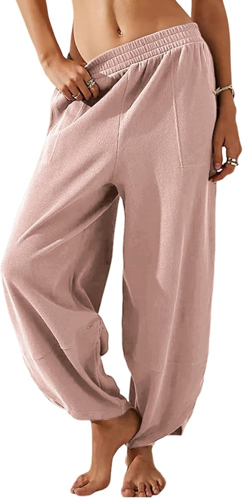 Himosyber Women Cotton Pants Wide Leg Pants Casual Loose Baggy Elastic Waist Beach Palazzo Harem ... | Amazon (US)
