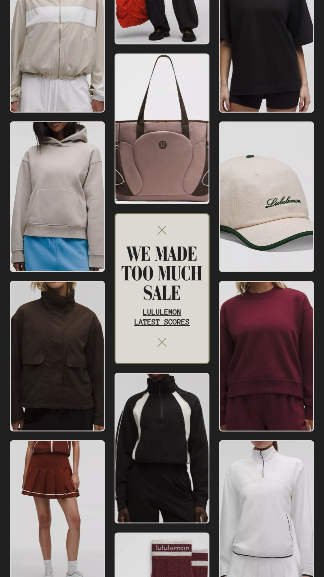 NEW in the We Made Too Much sale section Lululemon 🎉 sizes go fast so grab it if you like it 🍂

Lululemon finds athleisure sales cable knit socks cozy fall outfit jacket tennis burgundy white half zip oversized Tee scuba tote bag brown golf skirt mini sweatshirt hoodie soft