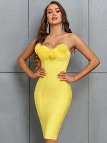 3D Flower Decorate Strapless Yellow Knee-Length Cocktail Party Bodycon Bandage Dress | SHEIN