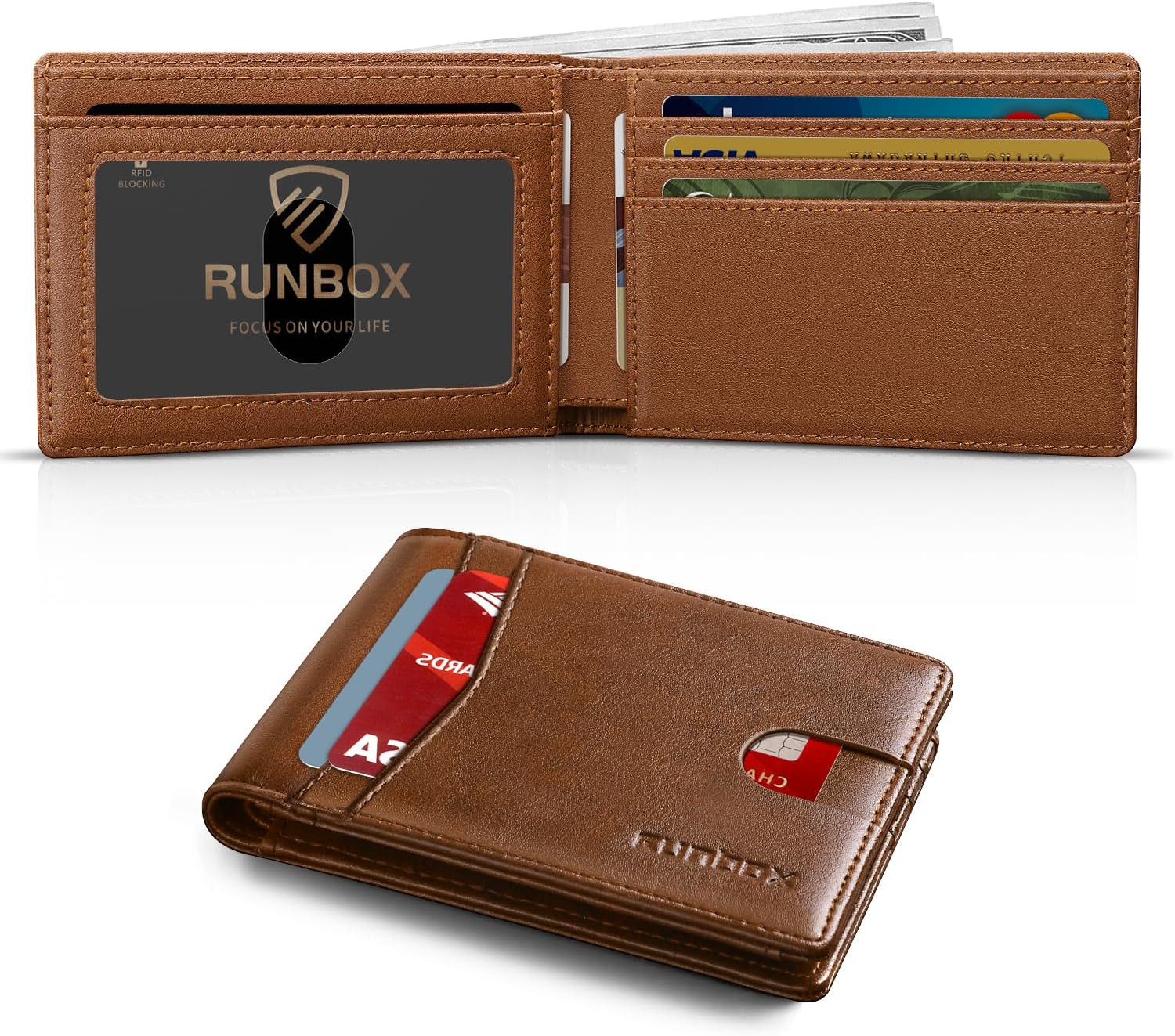 RUNBOX Wallet for Men,Mens Wallet,Slim Leather Bifold,RFID Blocking 8 Slots Gift Box | Amazon (US)