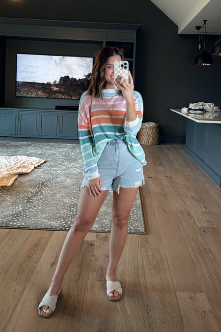 Wearing small in striped sweater, 26 in denim shorts (run tts), and sandals run tts. ALEXA20 for 20% off at pink Lily // spring outfit, casual outfit // 

#LTKsalealert #LTKfindsunder50 #LTKstyletip